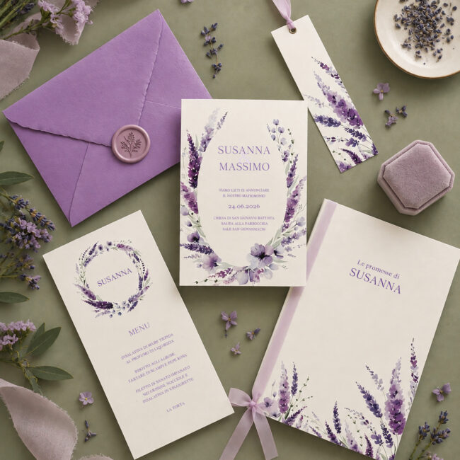 Partecipazioni matrimonio Susanna con fiori di lavanda e sigillo in ceralacca